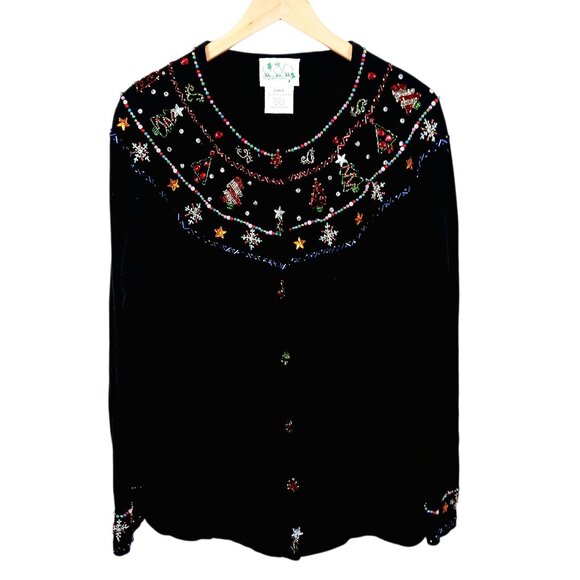 Quacker Factory Christmas Novelty Cardigan Sweater Black W/ Multi Beading Large - Picture 1 of 16